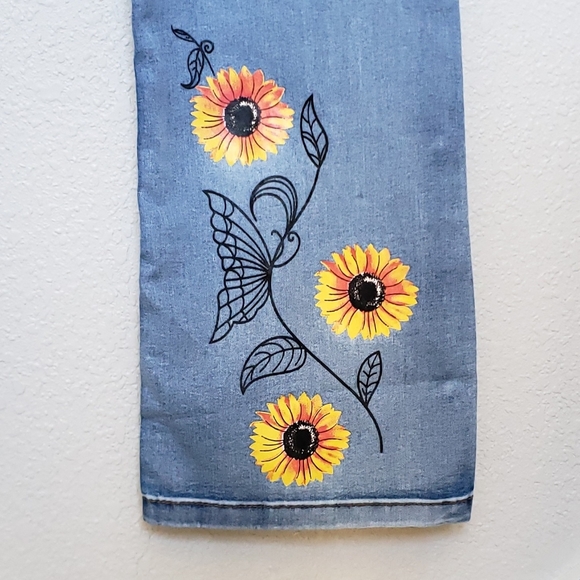 Hippie Chic Boot Cut Jeans With Sunflowers Size L - Picture 6 of 8